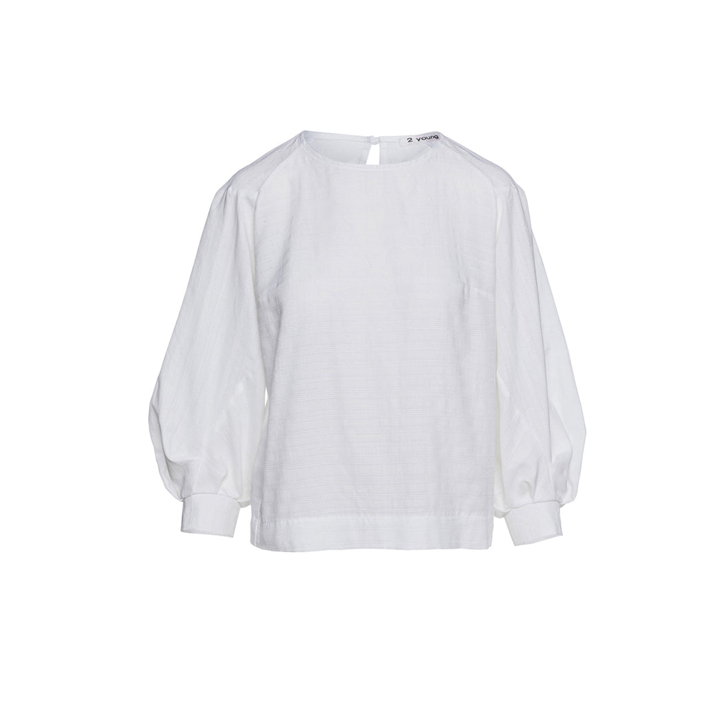 White Bishop Sleeve Jacquard Top in Sustainable Fabric
