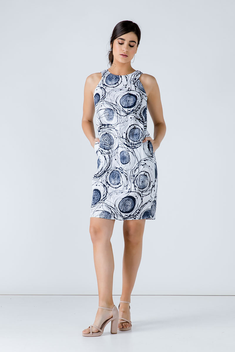 Conquista Φόρεμα Mini Casual Αμάνικο Στρογγυλή Λαιμόκοψη Εμπριμέ Μπλε C191-280-41