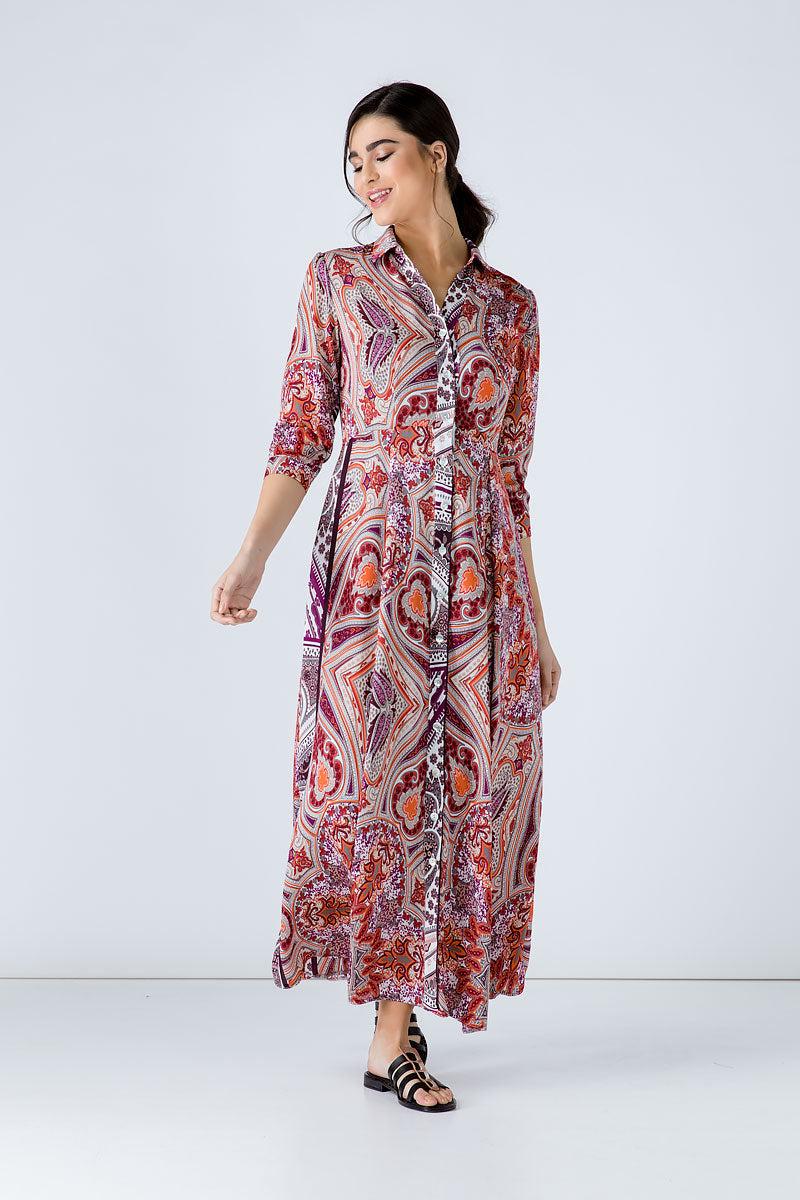 Conquista Φόρεμα Maxi Casual Μακρυμάνικο Με Γιακά & Κουμπιά Εμπριμέ Πολύχρωμο C191-291-99