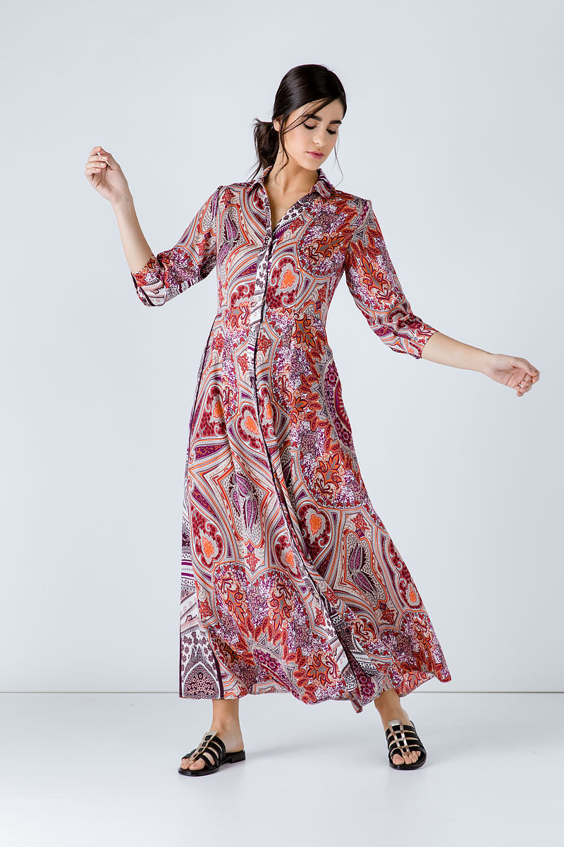 Conquista Φόρεμα Maxi Casual Μακρυμάνικο Με Γιακά & Κουμπιά Εμπριμέ Πολύχρωμο C191-291-99