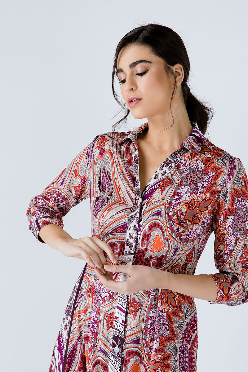 Conquista Φόρεμα Maxi Casual Μακρυμάνικο Με Γιακά & Κουμπιά Εμπριμέ Πολύχρωμο C191-291-99