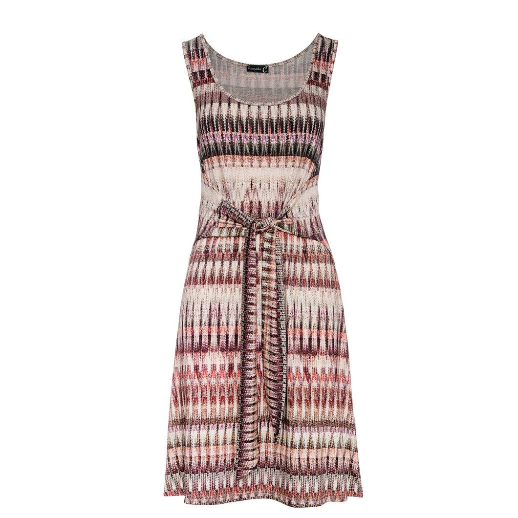 Patterned Sleeveless Dress with Tie Waist