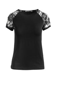 Black Top with Net Jacquard Sleeves in Stretch Jersey Sustainable Fabric