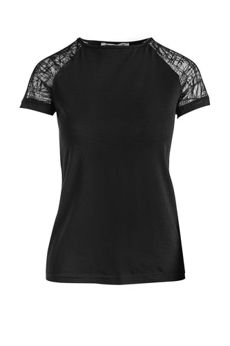 Black Top with Voile Sleeves in Stretch Jersey Sustainable Fabric.