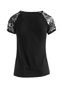Black Top with Net Jacquard Sleeves in Stretch Jersey Sustainable Fabric