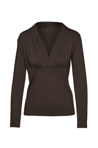 Brown Long Sleeve Faux Wrap Top in Stretch Jersey Sustainable Fabric