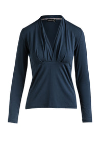 Navy Blue Long Sleeve Faux Wrap Top in Cotton Stretch Jersey Sustainable Fabric