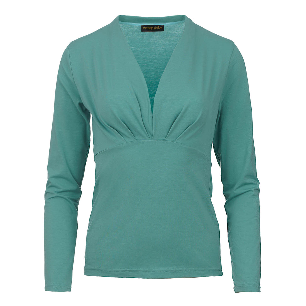 Mint Long Sleeve Faux Wrap Top in Stretch Jersey Sustainable Fabric