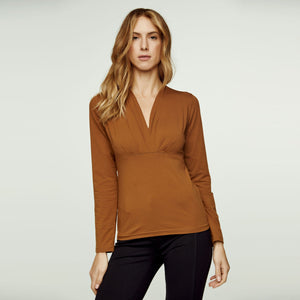 Long Sleeve Chocolate Faux Wrap Top in Stretch Jersey Sustainable Fabric