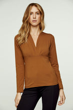 Load image into Gallery viewer, Long Sleeve Chocolate Faux Wrap Top in Stretch Jersey Sustainable Fabric