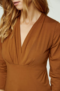 Long Sleeve Chocolate Faux Wrap Top in Stretch Jersey Sustainable Fabric