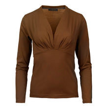 Load image into Gallery viewer, Long Sleeve Chocolate Faux Wrap Top in Stretch Jersey Sustainable Fabric