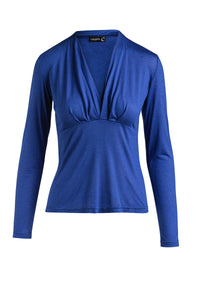 Cashmere Blend Long Sleeve Faux Wrap Top in Stretch Jersey Sustainable Fabric