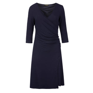 Navy Blue Faux Wrap Dress in Sustainable Fabric