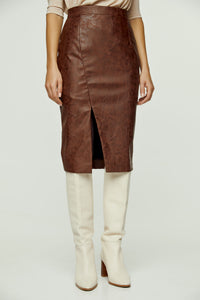 Chocolate Brown Faux Leather Pencil Skirt