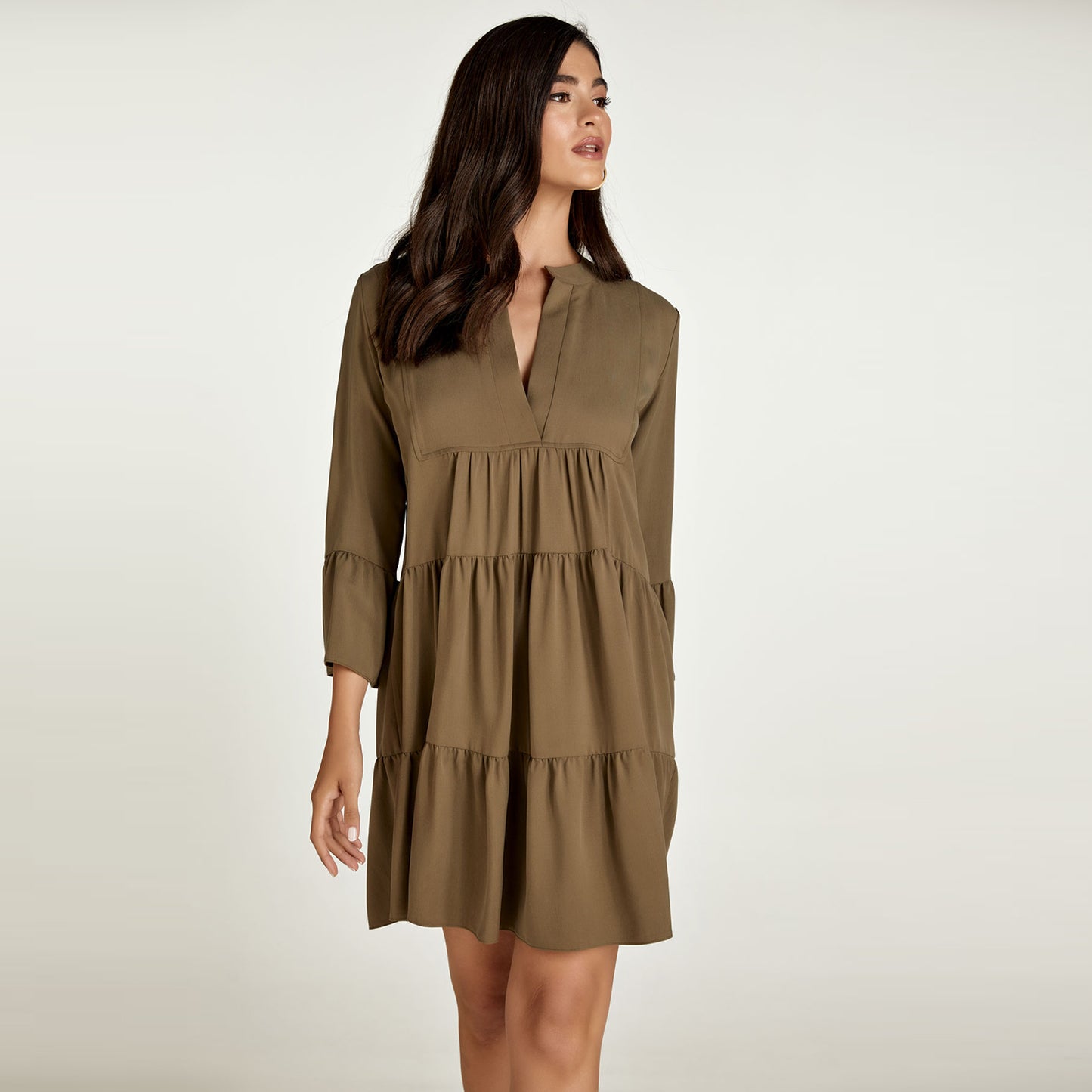 Khaki Tencel Gathered Seams Dress