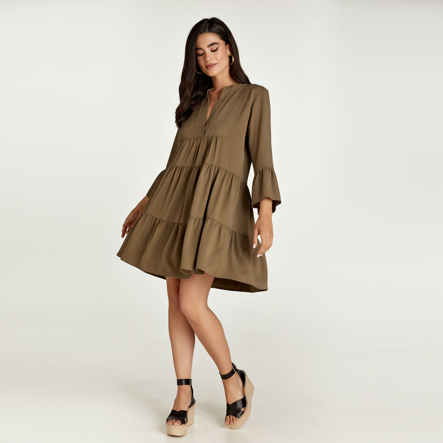 Khaki Tencel Gathered Seams Dress