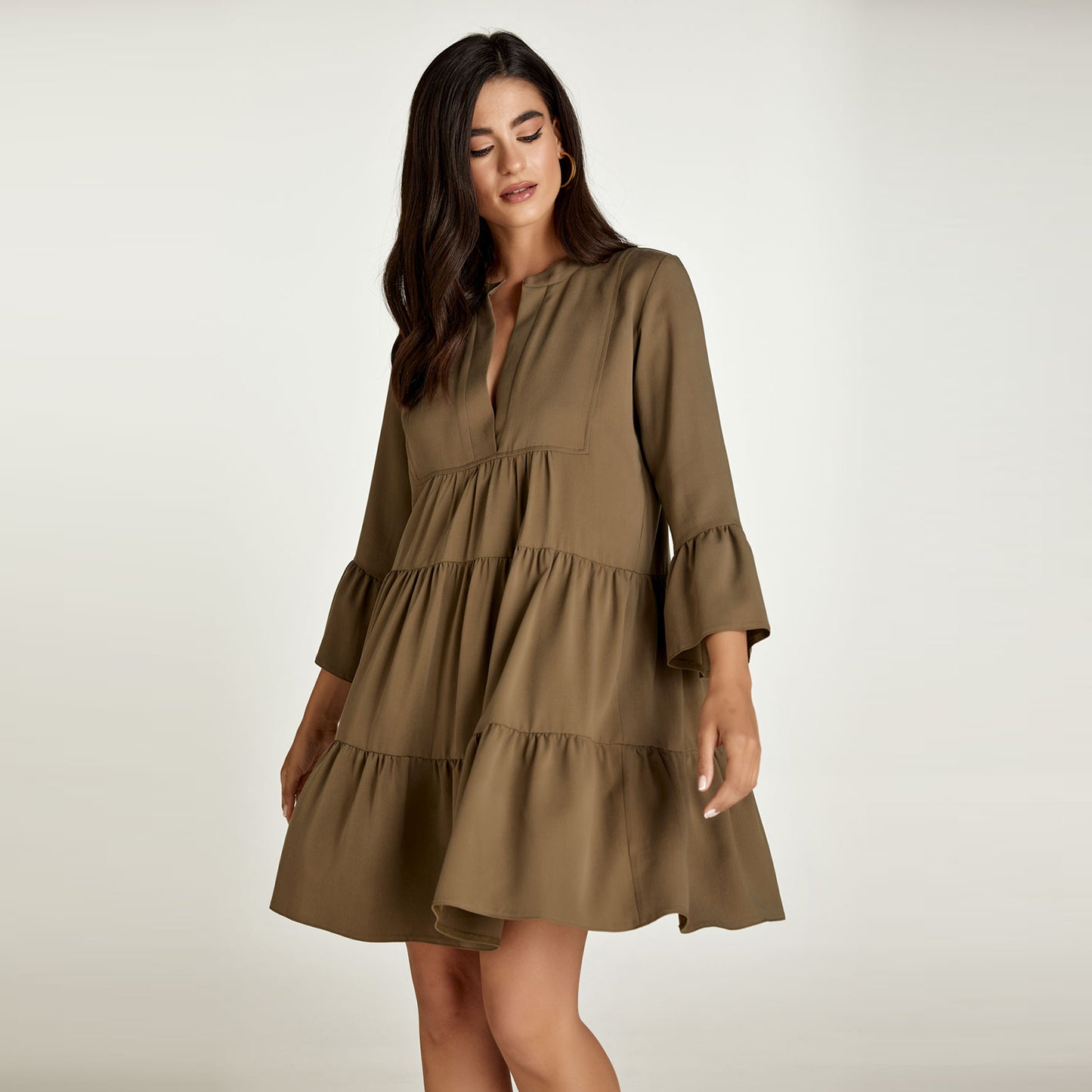 Khaki Tencel Gathered Seams Dress