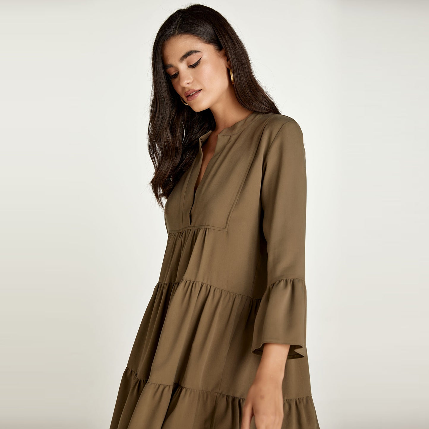 Khaki Tencel Gathered Seams Dress