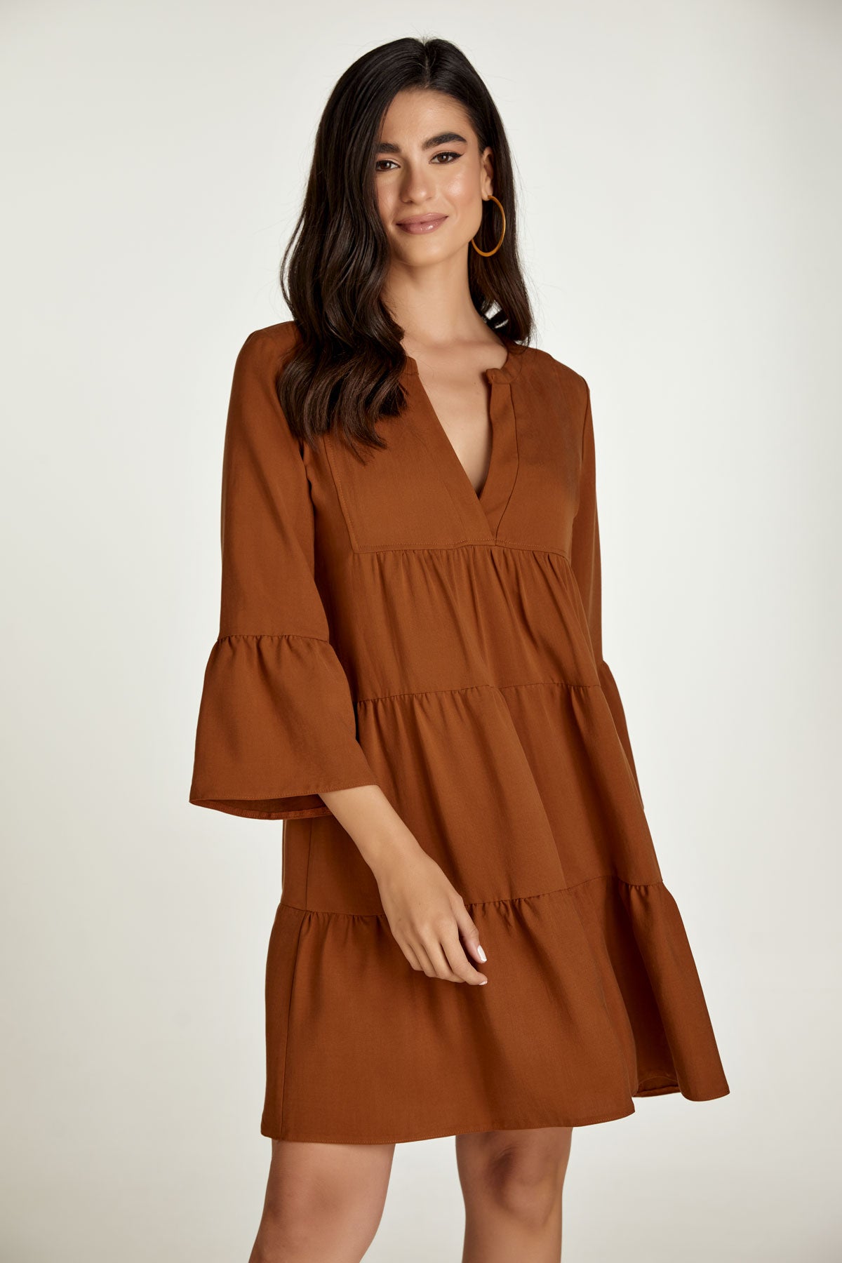 Chocolate Brown Tencel Gathered Seams Dress