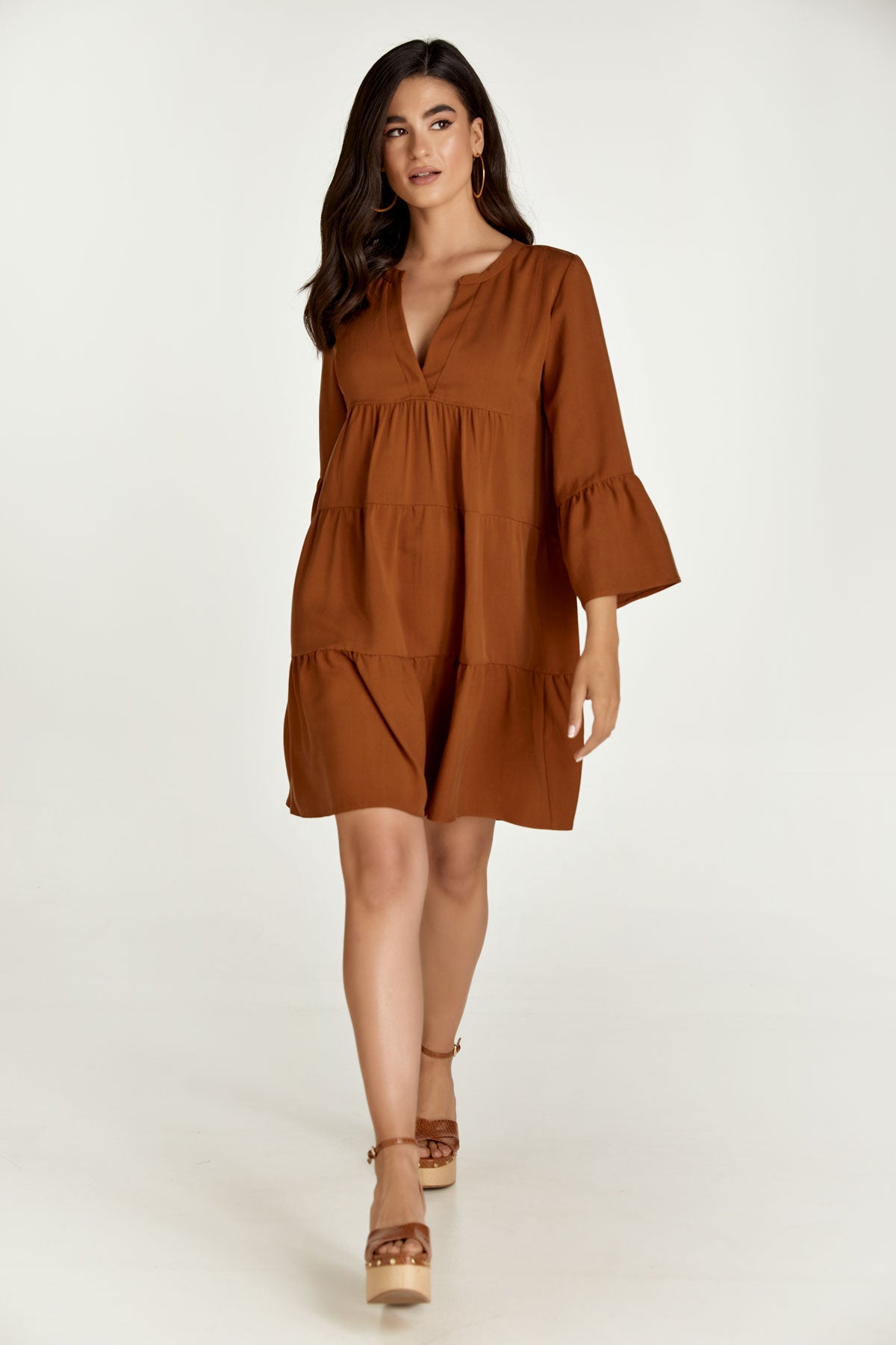 Chocolate Brown Tencel Gathered Seams Dress