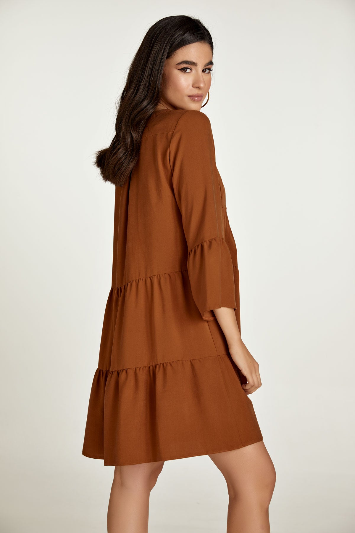 Chocolate Brown Tencel Gathered Seams Dress