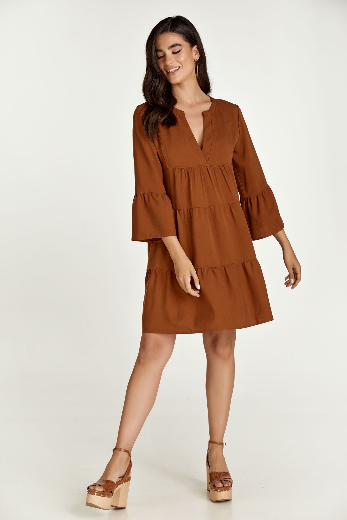 Chocolate Brown Tencel Gathered Seams Dress