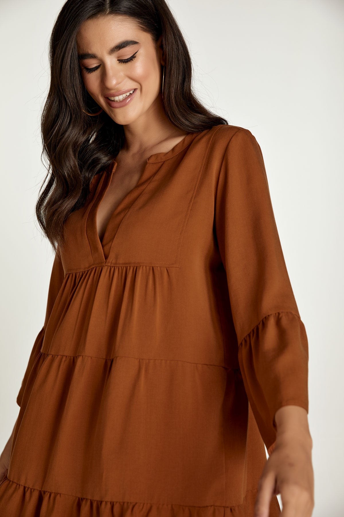 Chocolate Brown Tencel Gathered Seams Dress