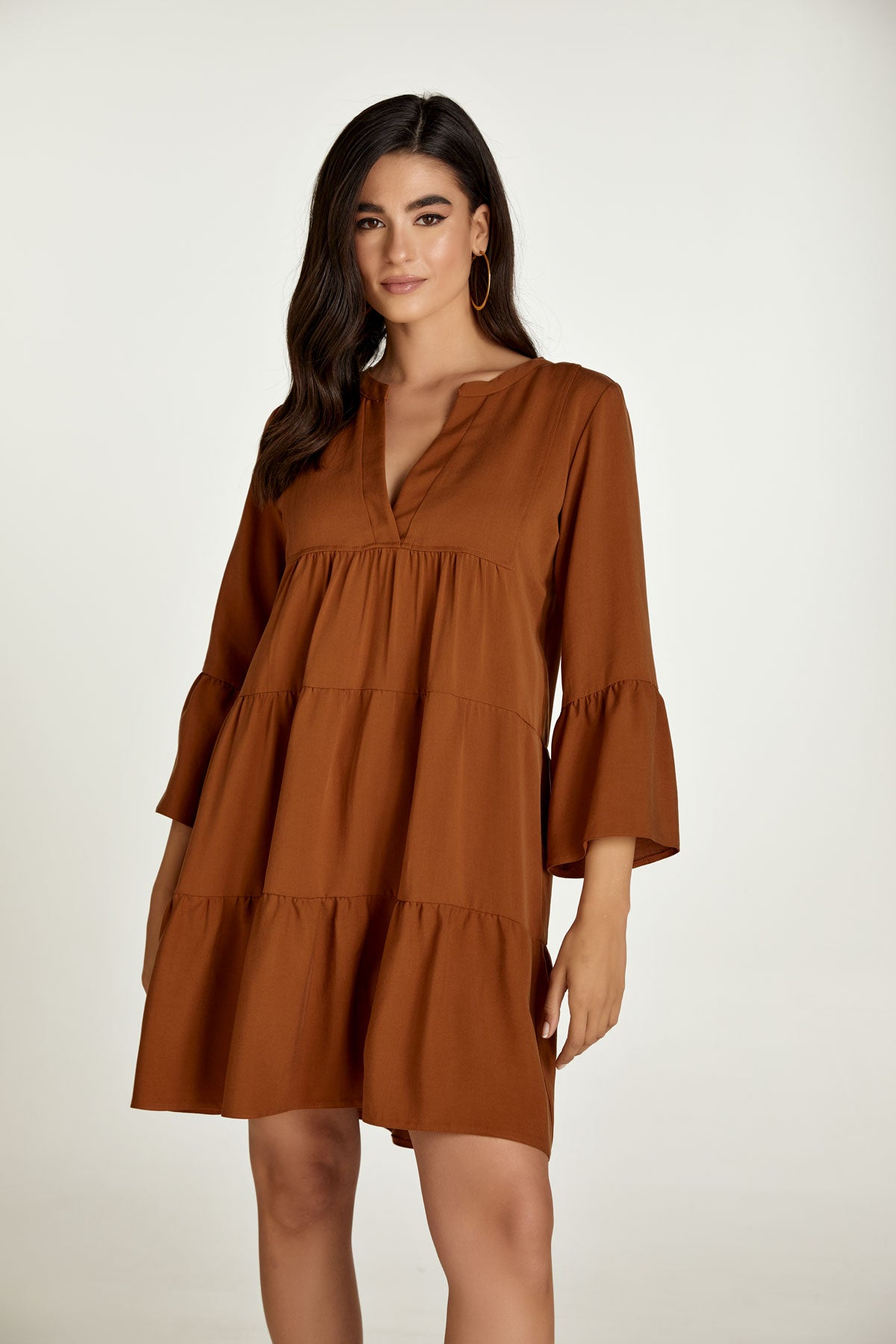 Chocolate Brown Tencel Gathered Seams Dress