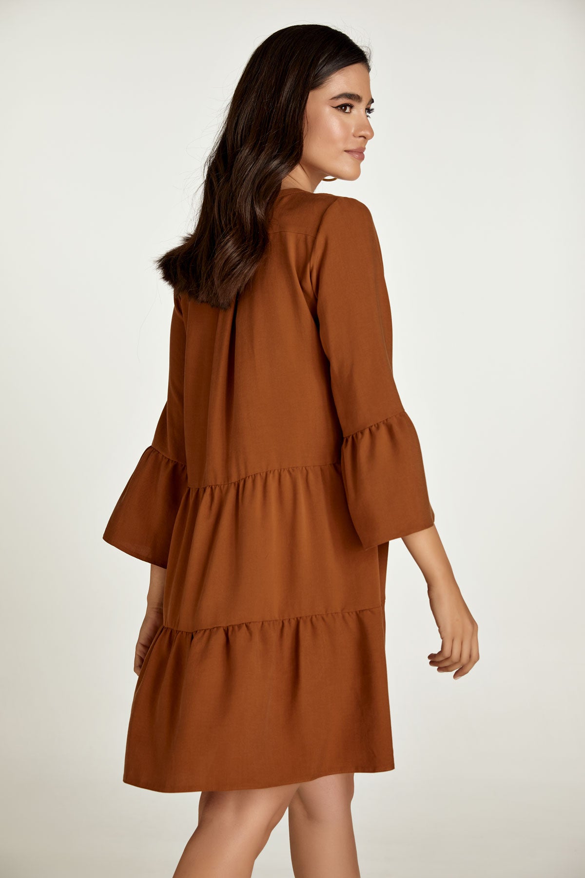 Chocolate Brown Tencel Gathered Seams Dress