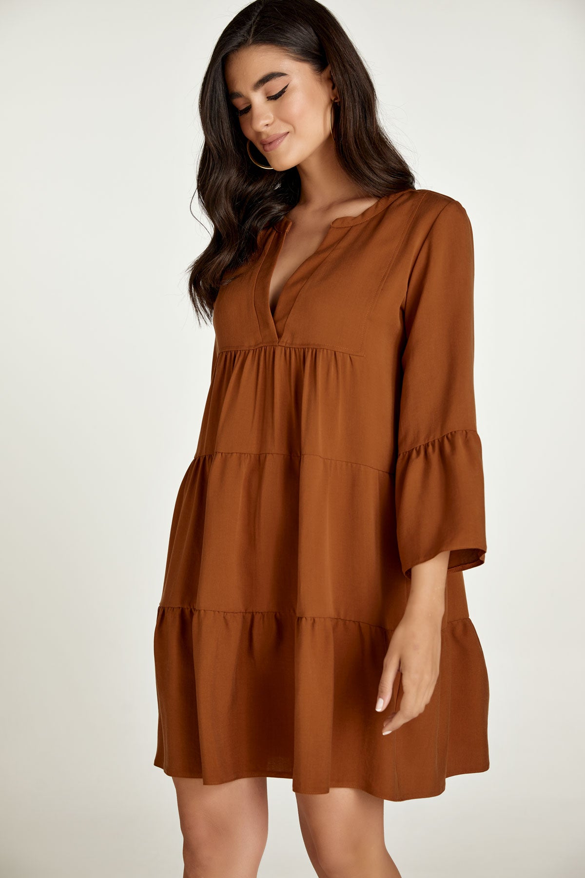 Chocolate Brown Tencel Gathered Seams Dress