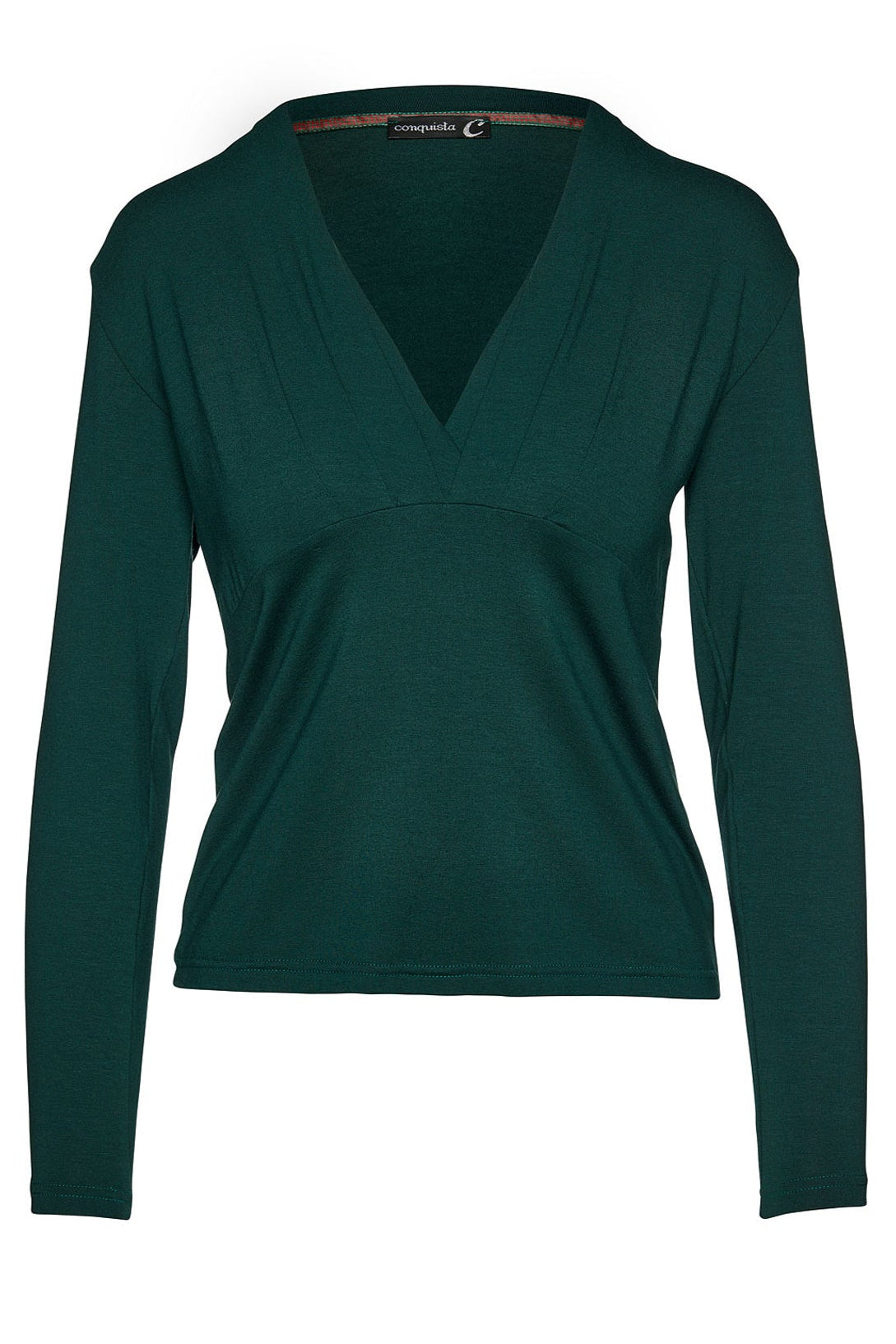 Green Long Sleeve Faux Wrap Top in Stretch Jersey Sustainable Fabric