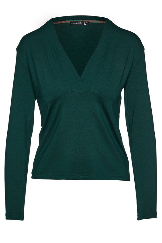 Green Long Sleeve Faux Wrap Top in Stretch Jersey Sustainable Fabric