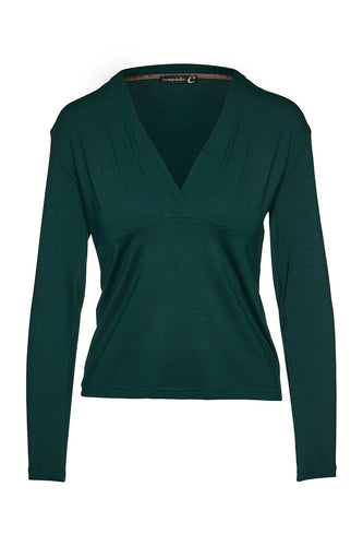Green Long Sleeve Faux Wrap Top in Stretch Jersey Sustainable Fabric