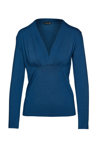 Petrol Long Sleeve Faux Wrap Top in Stretch Jersey Sustainable Fabric