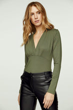 Load image into Gallery viewer, Khaki Long Sleeve Faux Wrap Top in Stretch Jersey Sustainable Fabric