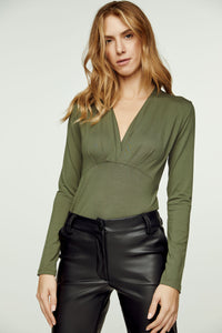 Khaki Long Sleeve Faux Wrap Top in Stretch Jersey Sustainable Fabric