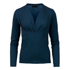 Navy Blue Long Sleeve Faux Wrap Top in Stretch Jersey Sustainable Fabric