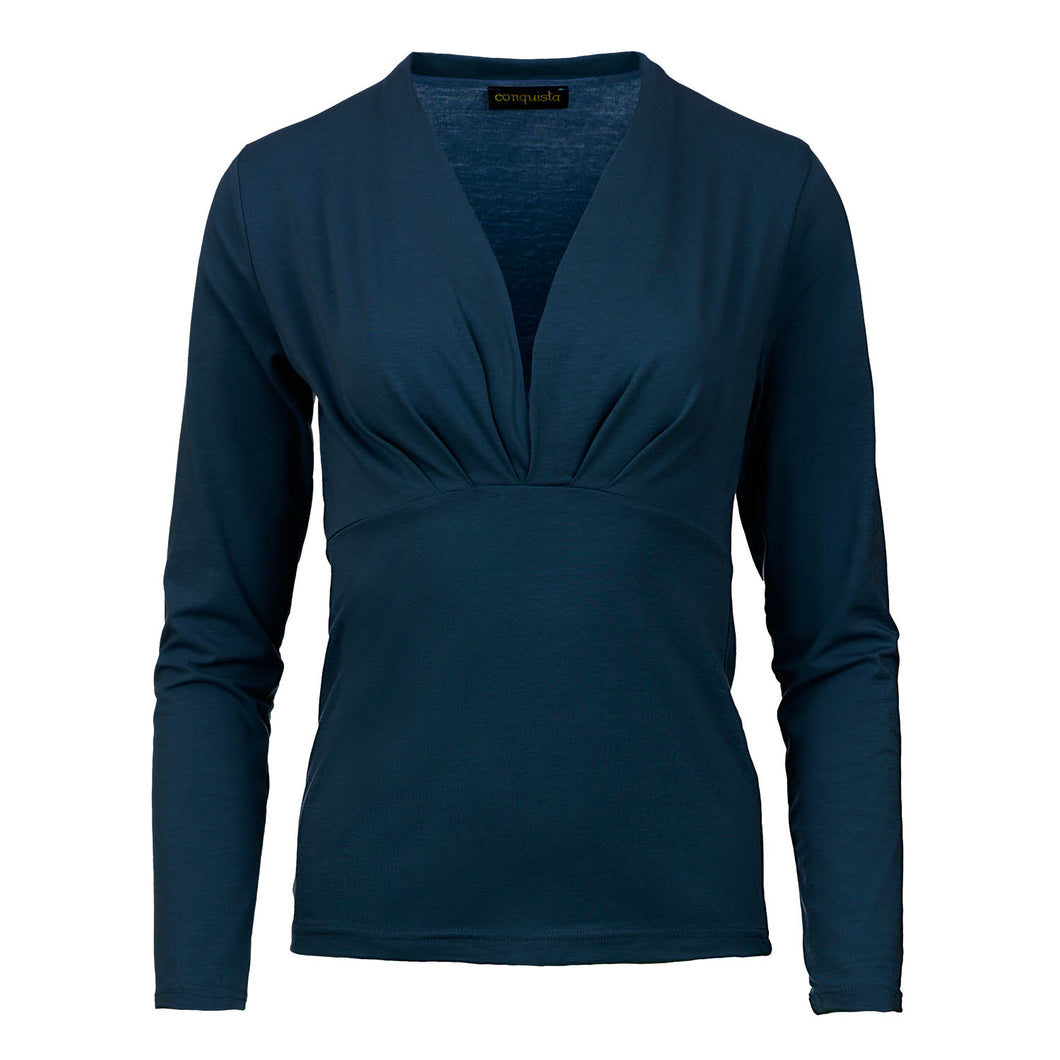 Navy Blue Long Sleeve Faux Wrap Top in Stretch Jersey Sustainable Fabric