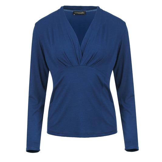 Blue Long Sleeve Faux Wrap Top in Stretch Jersey Sustainable Fabric
