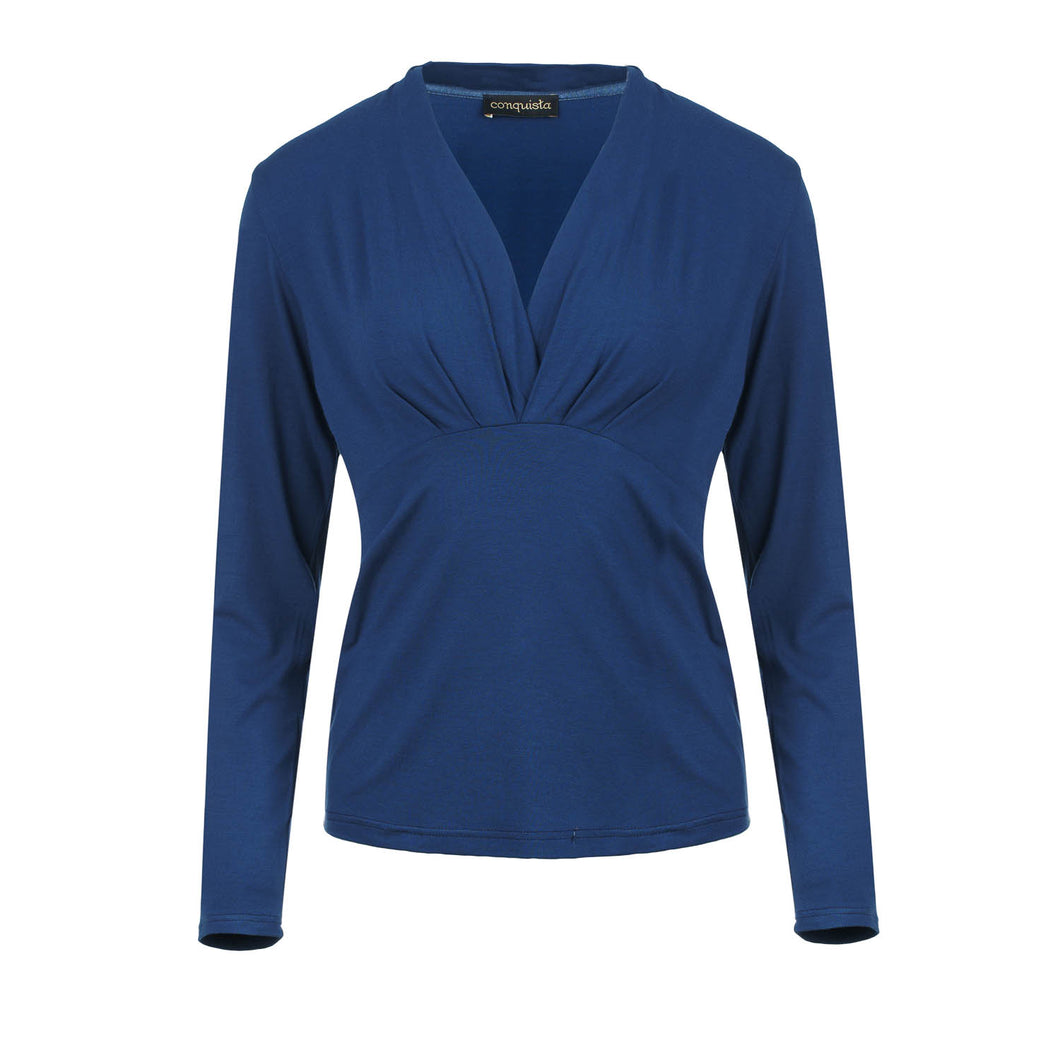 Blue Long Sleeve Faux Wrap Top in Stretch Jersey Sustainable Fabric