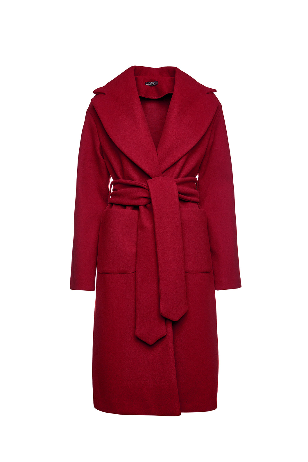 Long Dark Red Faux Mouflon Coat with Belt