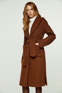 Long Chocolate Faux Mouflon Coat with Belt