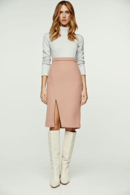 Salmon Colour Faux Mouflon Pencil Skirt