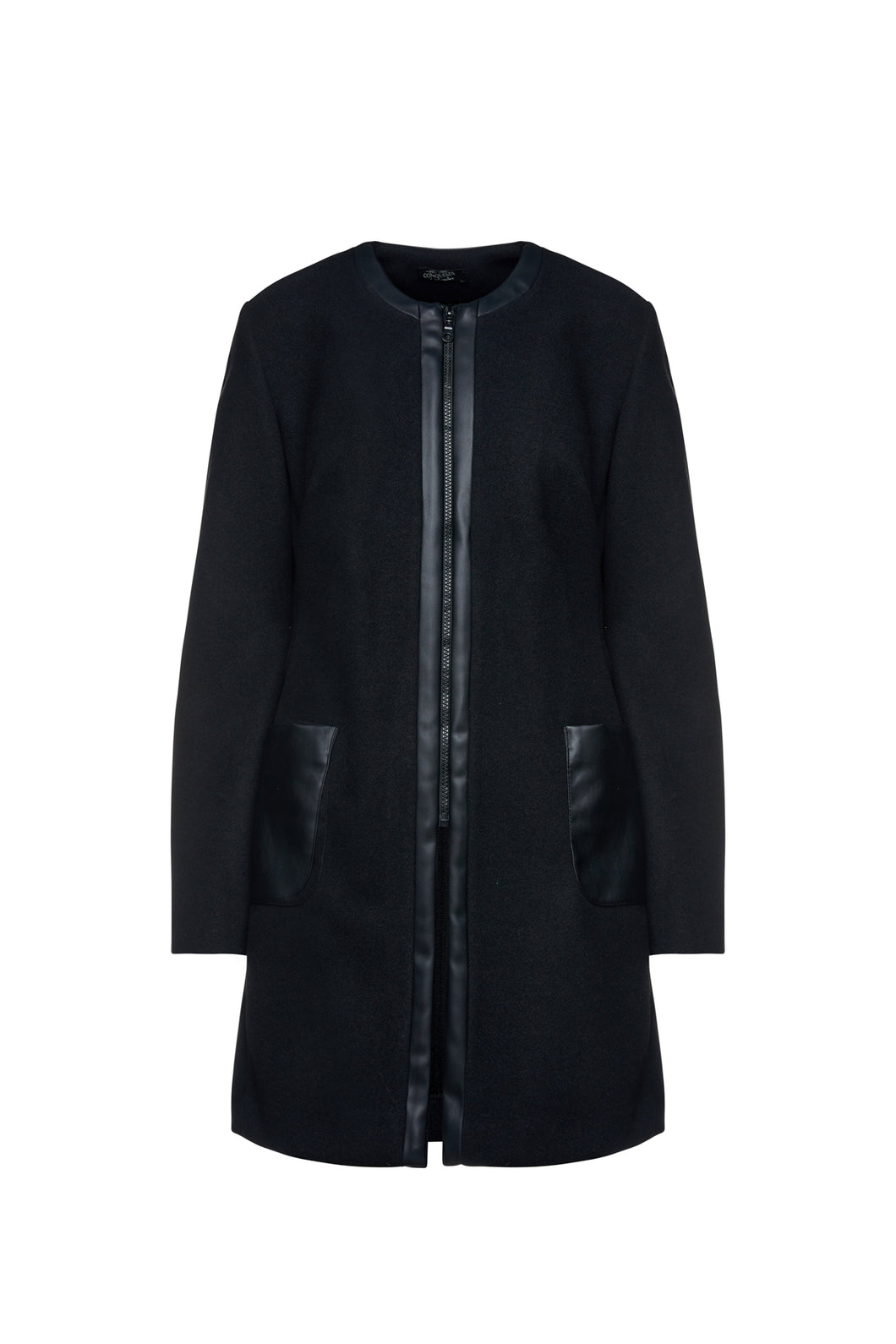 Black Mouflon Coat with Faux Leather Detail