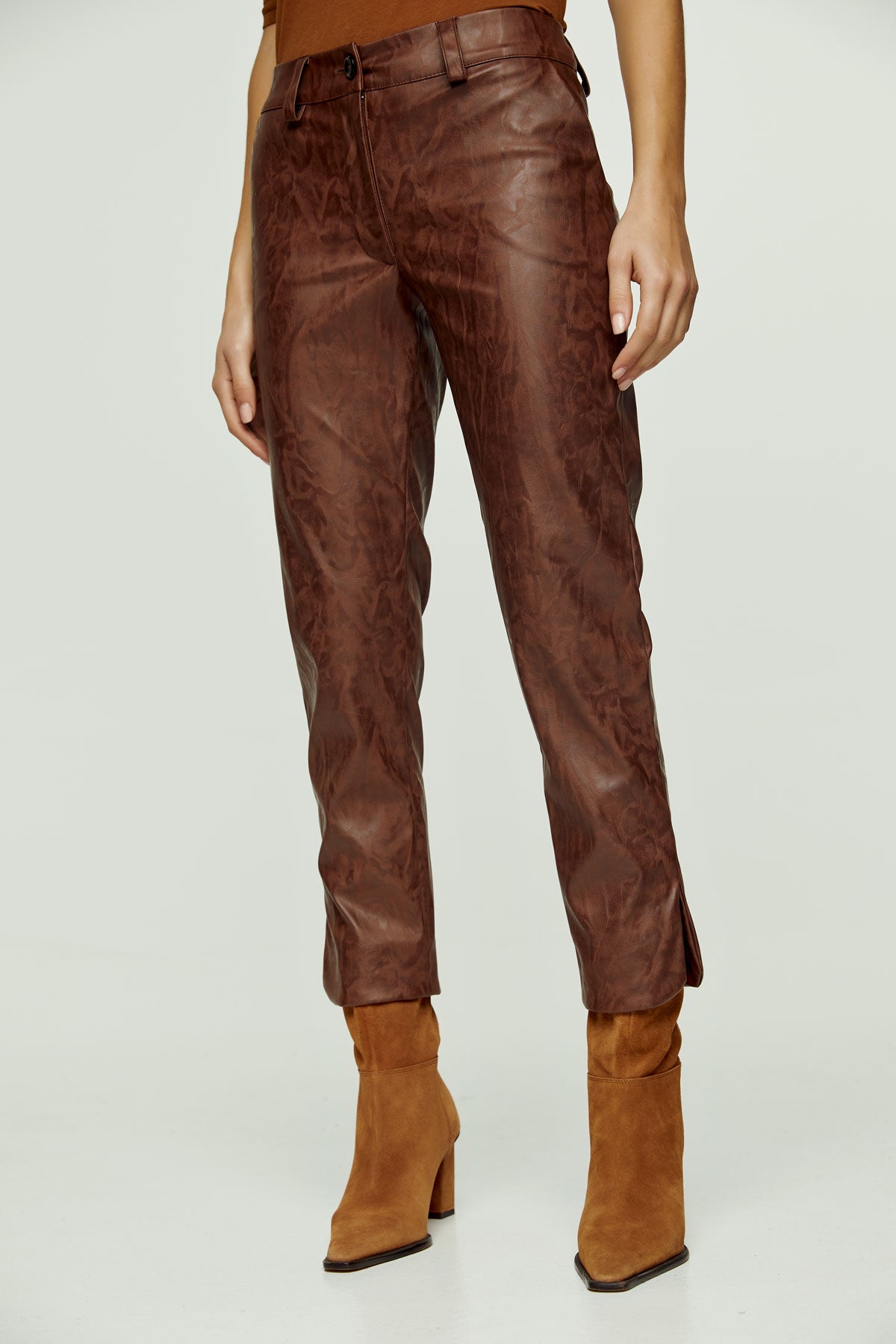 Chocolate Brown Faux Moire Leather Pants