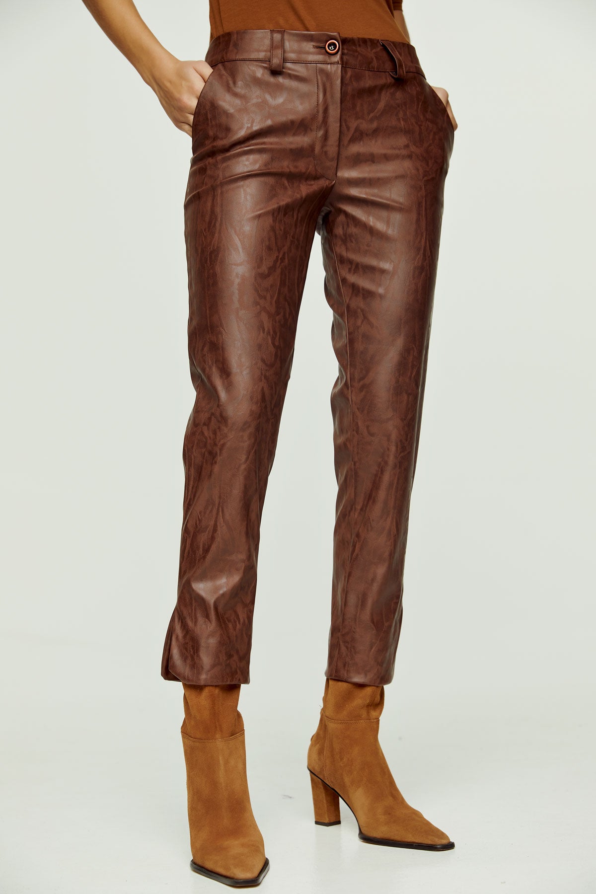 Chocolate Brown Faux Moire Leather Pants