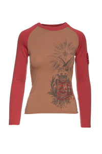 Beige & Dark Red Print Top with Embroidery Detail