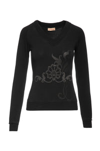 Black Long Sleeve Top with a Silver & Black Print