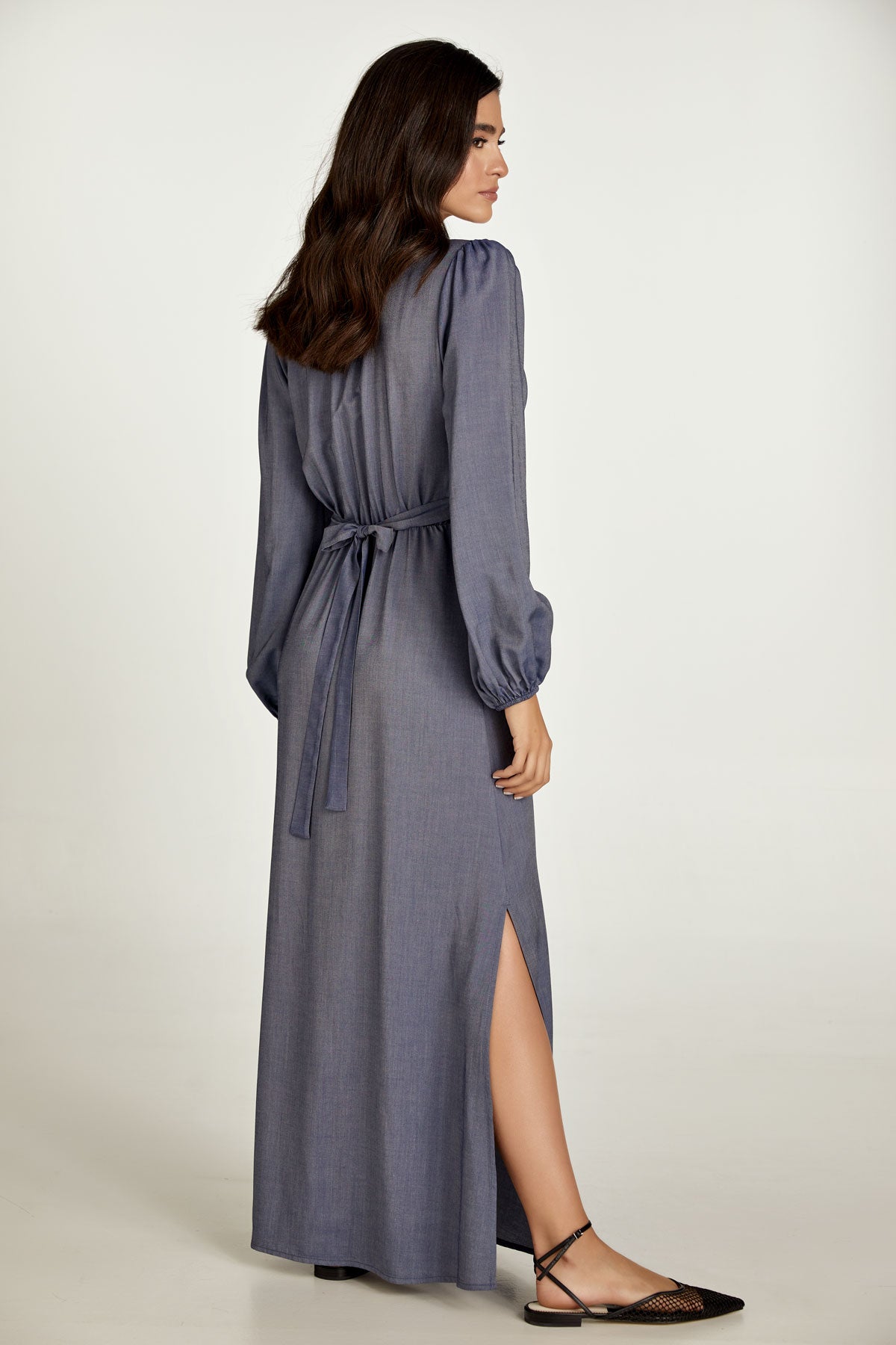 Conquista Φόρεμα Maxi Casual Μακρυμάνικο Κρουαζέ Μονόχρωμο Indigo C211-133-18